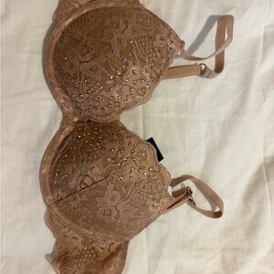 Tan Lace Bra with Rhinestone Accents